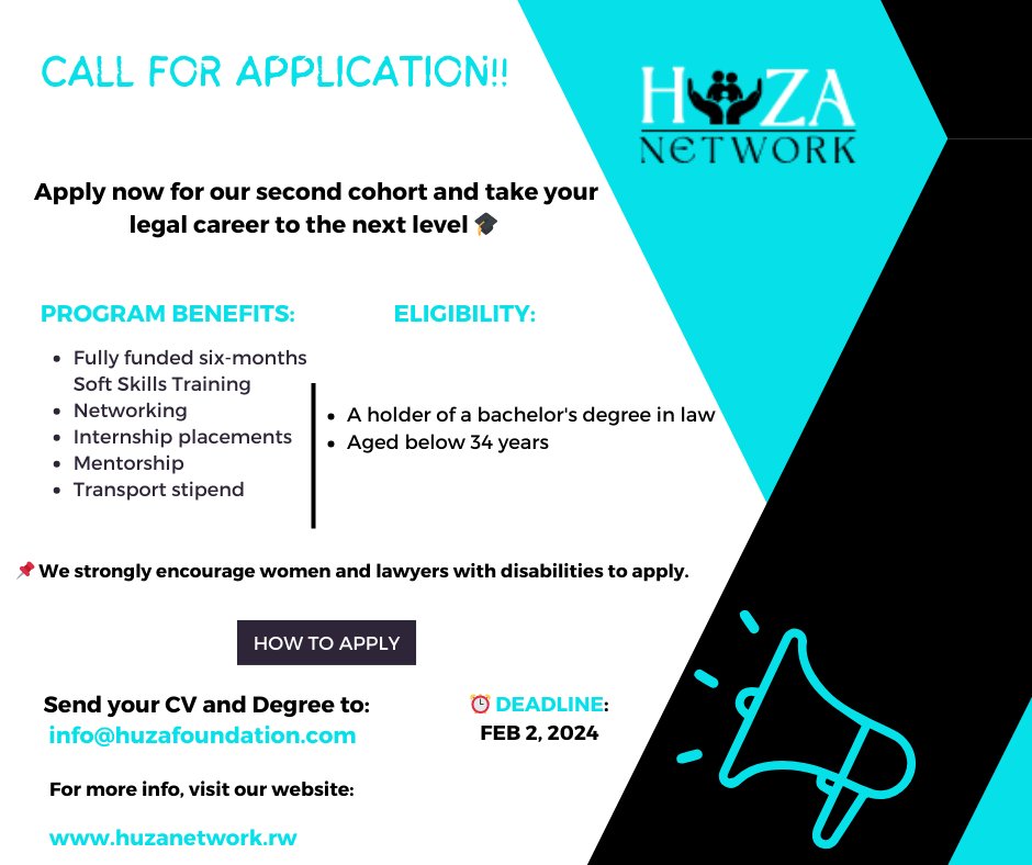 AusHCKenya's tweet photo. #Opportunity Are you a young lawyer in Rwanda🇷🇼?

With 🇦🇺 Government support, Rwandan not-for-profit, @Huza_Network, is helping build the capacity &amp; networks of young lawyers specifically female lawyers &amp; those with disabilities.

Apply: https://t.co/IZ8MgZWEEY

#DirectAidProgram https://t.co/SZE5VFop2S