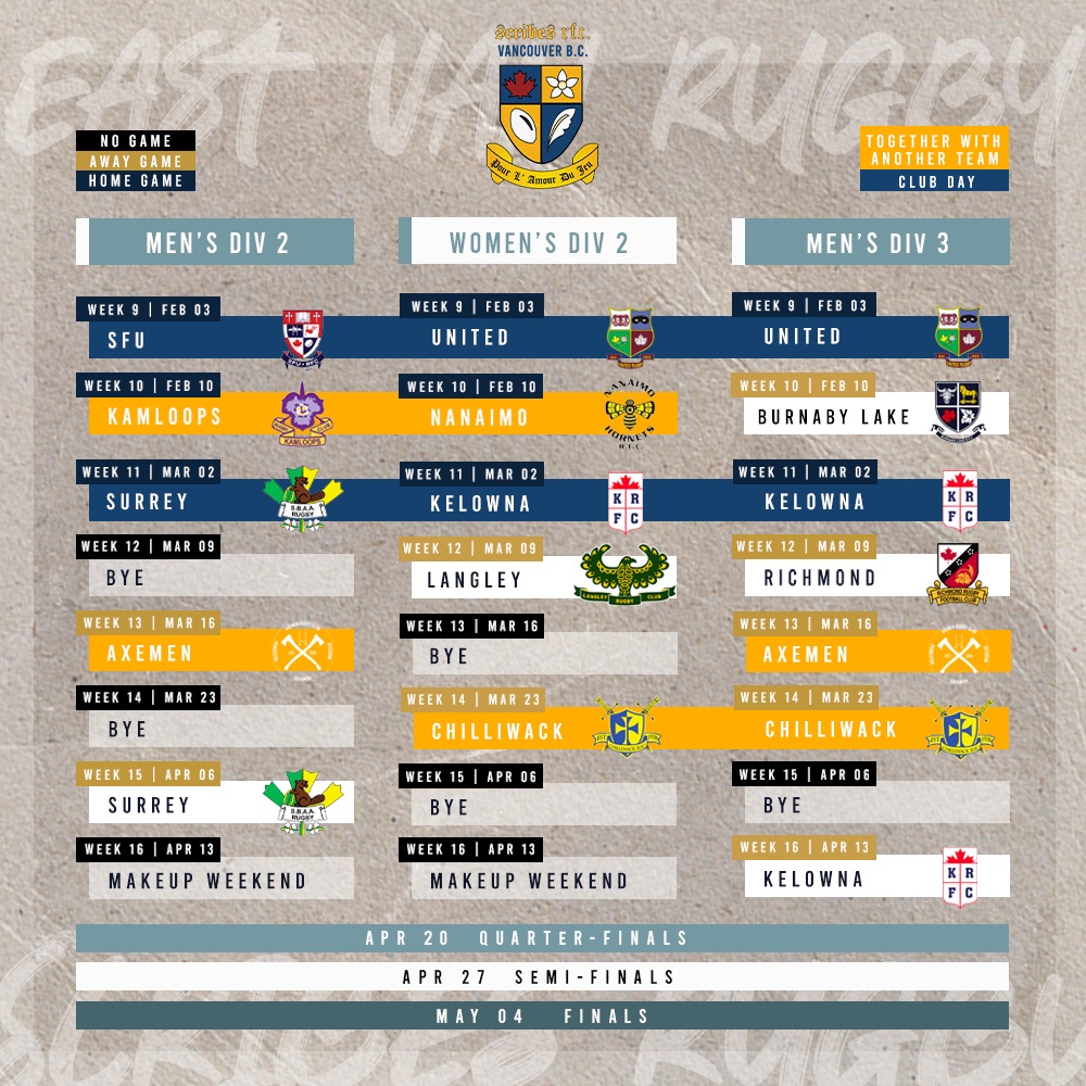 🔍 Dive into the Scribe's second-half schedule for an overview of the upcoming exciting games! 💙💛

We can't wait to see you on the field and by the sidelines. 📅

@scribesrfc
<a href="/bcrugbyunion/">BC Rugby</a>

#scribesrfc #eastvanrugby #letsgoscribes #bcrugby #rugbycanada #eastvan #troutlake