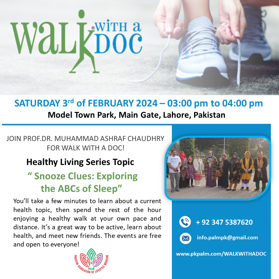 Welcome to Walk with Doc (PALM initiative in Pakistan) 👟 Get ready to lace up your shoes and embark on a journey to health and wellbeing We are thrilled to have you on board, eager to make strides towards a healthier, happier lifestyle.