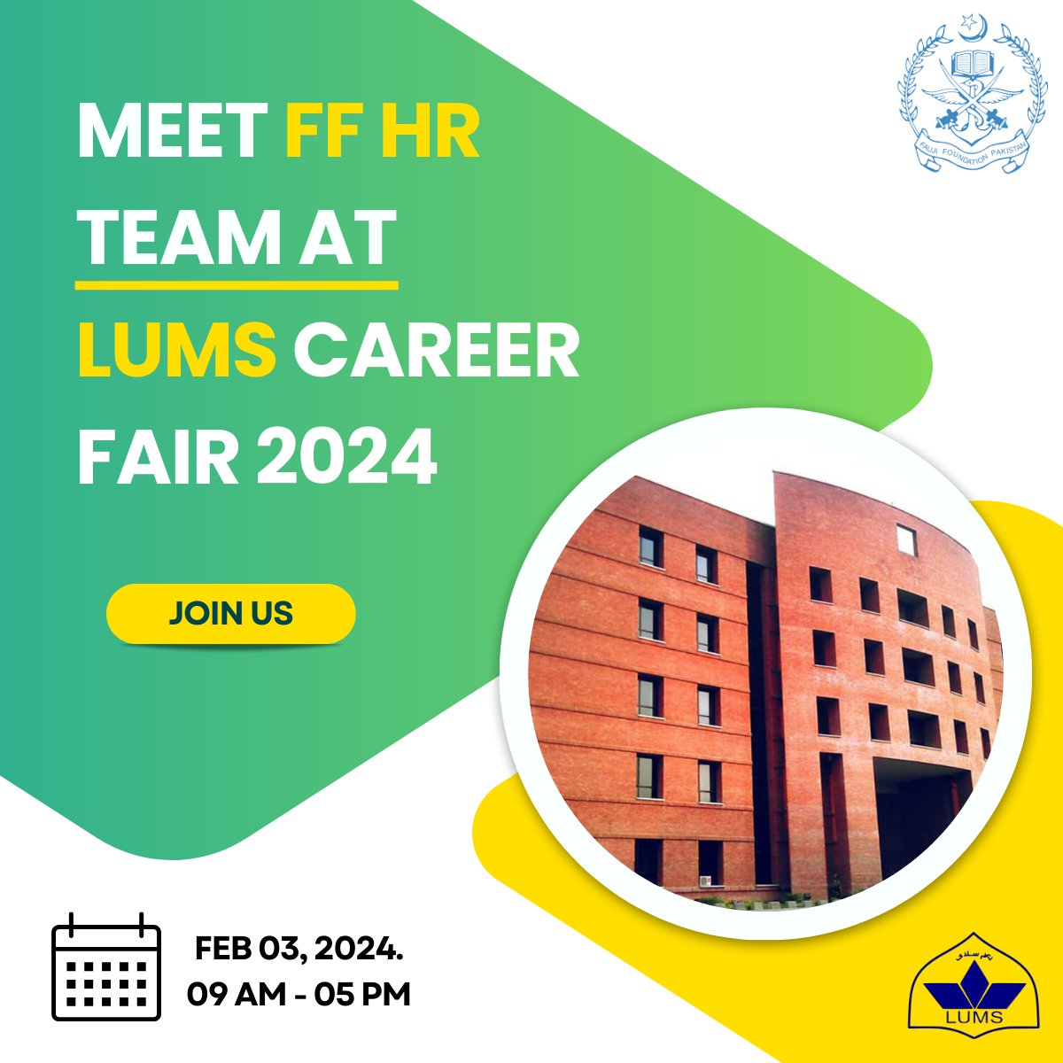 🚀 Fauji Foundation is gearing up for an incredible experience at the LUMS Job Fair. 
Join us at the Fauji Foundation booth and dive into a world of opportunities that await you! 🌐✨
🤝 We're eager to meet all the game-changers out there! 🎓💼

#FaujiFoundation #CareerFair