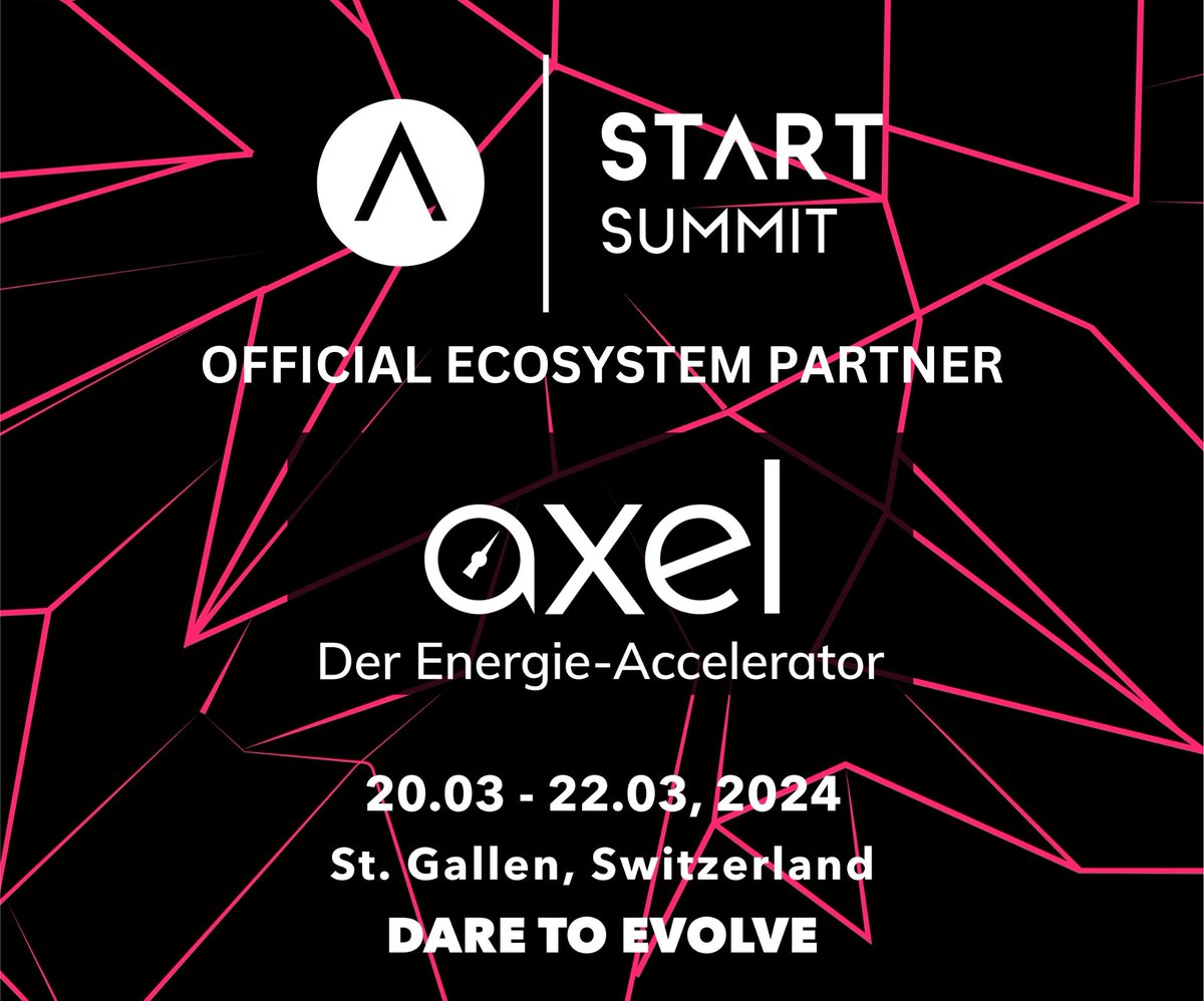START Summit 2024, Europe’s largest early-stage startup and tech conference in St. Gallen, CH, from March 21th to 22nd! 

More: startsummit.ch

AXEL - Der Energie-Accelerator is an Official Ecosystem Partner. Get 20% discount on the ticket price. Code >AXELENERGIE20<