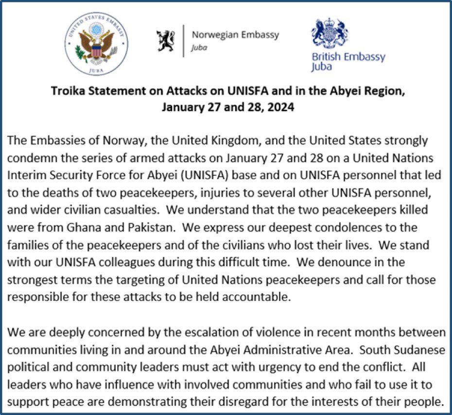 Norway as part of Troika urging South Sudanese political and community leaders to act with urgency to end the conflict in and around the Abyei Administrative Area
