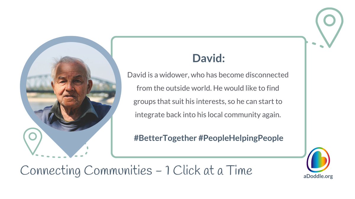 aDoddle_UK's tweet image. &apos;David&apos; is a widower, who has become disconnected from the outside world. He would like to find groups that suit his interests, so he can start to integrate back into his local community again.

For 𝗘𝘃𝗲𝗿𝘆𝗼𝗻𝗲 and 𝗘𝘃𝗲𝗿𝘆 𝗖𝗼𝗺𝗺𝘂𝗻𝗶𝘁𝘆📍

#CommunityMaps #aDoddleIt