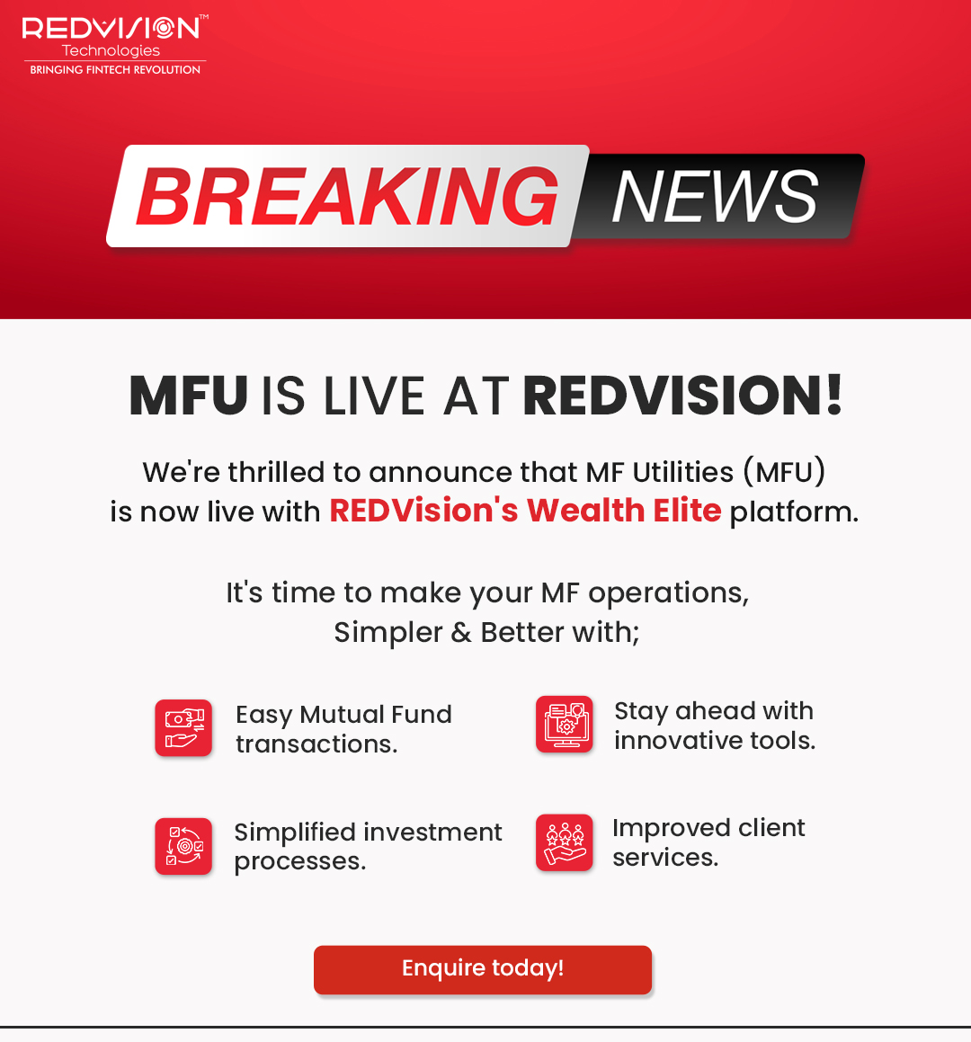 redvisionindore's tweet image. Best News of 2024!
Click here to enquire : forms.gle/1mnK93JufMF9c4…
The Most Popular Platform for MFDs is now live at REDVision.
Get MFU today for the Ease and Excellence in MF management &amp;amp; simplify your journey.
#MFDs #REDVisionTechnologies #MutualFundSoftware