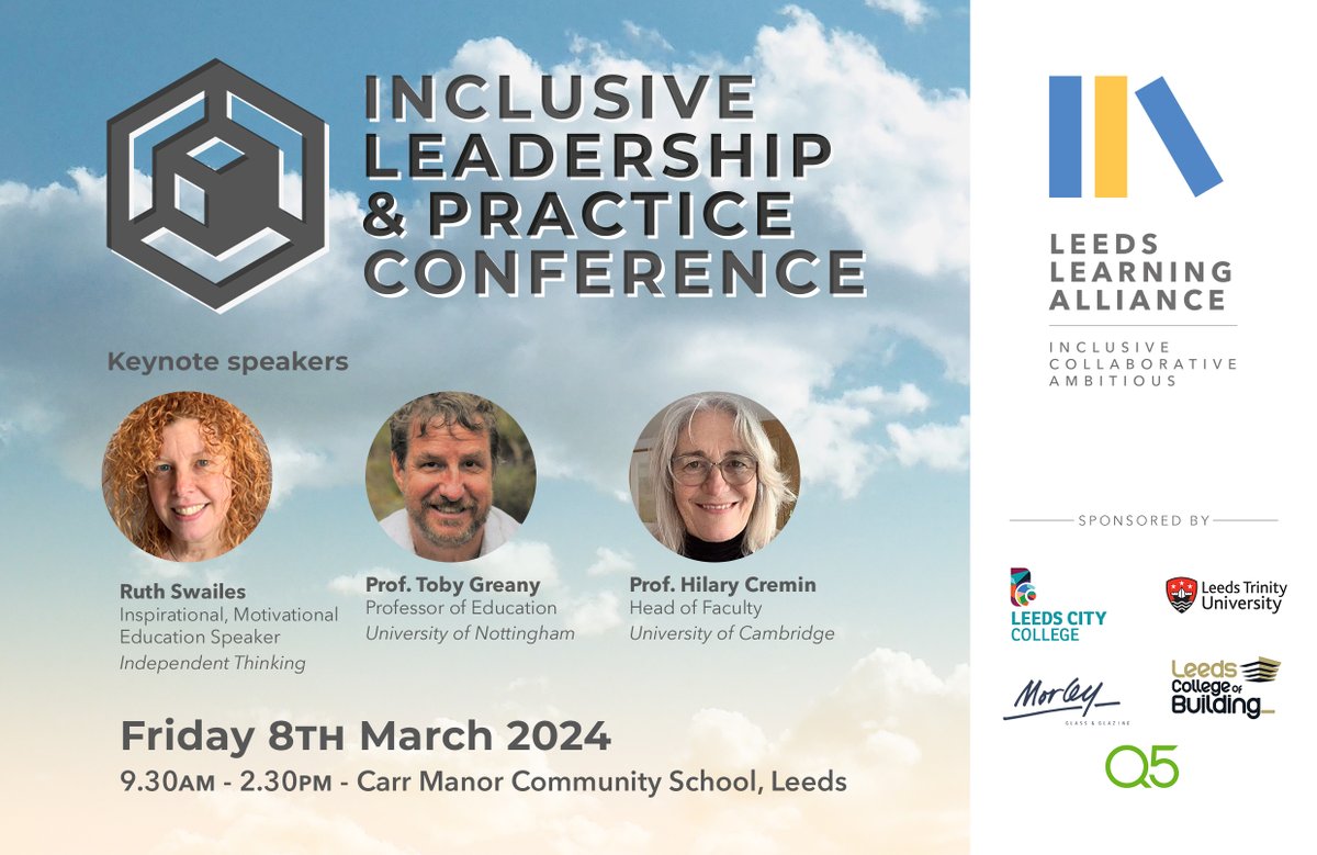 LLAlliance's tweet image. Really looking forward to the keynotes from @SwailesRuth @TobyGreany @hilarycremin at the LLA Inclusive Leadership &amp;amp; Practice Conference at Carr Manor Community School on Friday 8th March. Find out more &amp;amp; get your tickets now (FREE for LLA Members): leedslearningalliance.org/events/lla-con…