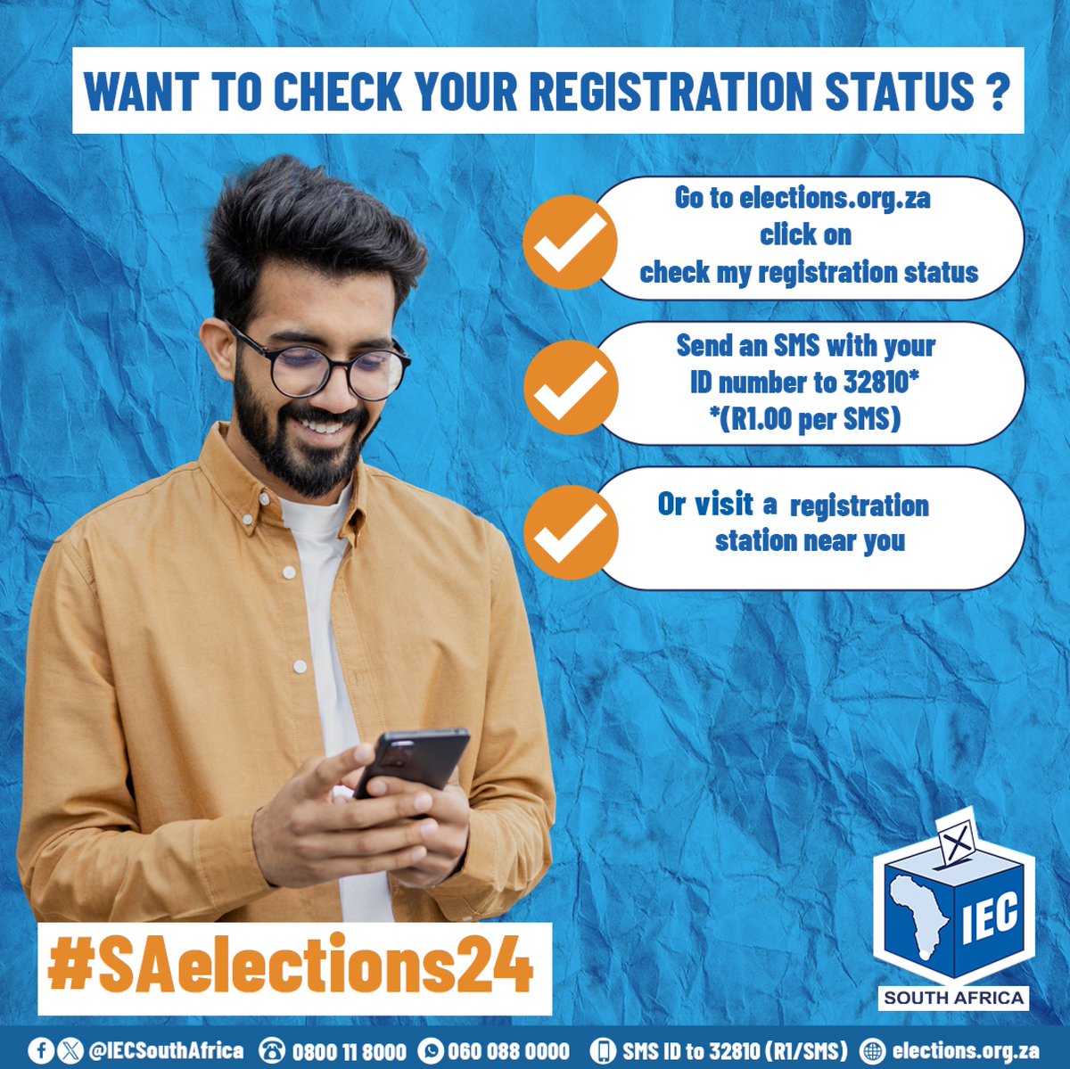 Are you a registered voter? Ensure your details are up-to-date! SMS your ID number to 32810 (SMS/R1) to verify your registration status. Alternatively, visit your station on 3-4 February from 8am-5pm to ensure you're prepared for #SAelections24.