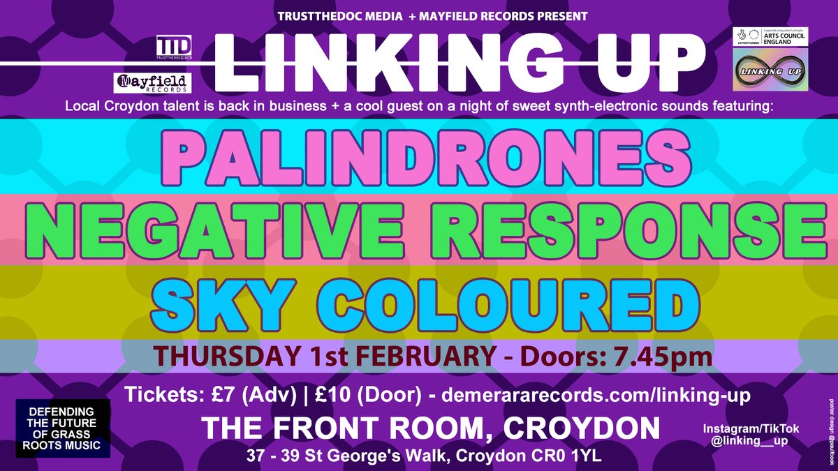 This Thursday (1st Feb) #LinkingUp lands at the beautiful #FrontRoom in Croydon with a superb line-up of synth-electronic beauty ft @palindrones1 @NegReg001 & @skycolouredband all for just £7 if you buy now from demerararecords.com/linking-up. Help us shine the light on local grassroots