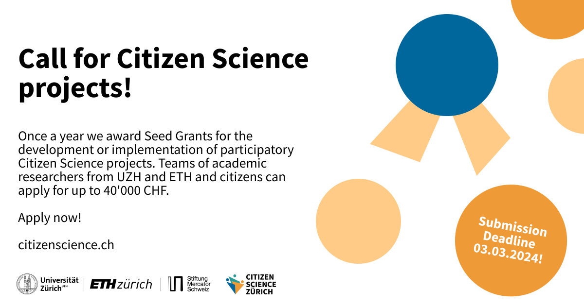 Are you a researcher @UZH_en or @ETH_en? Do you have a #CitizenScience project idea and need financial support? You have about a month left - until 03.03.2024 - to submit your project applications for our coveted #SeedGrants. All information: citizenscience.uzh.ch/en/services/se…