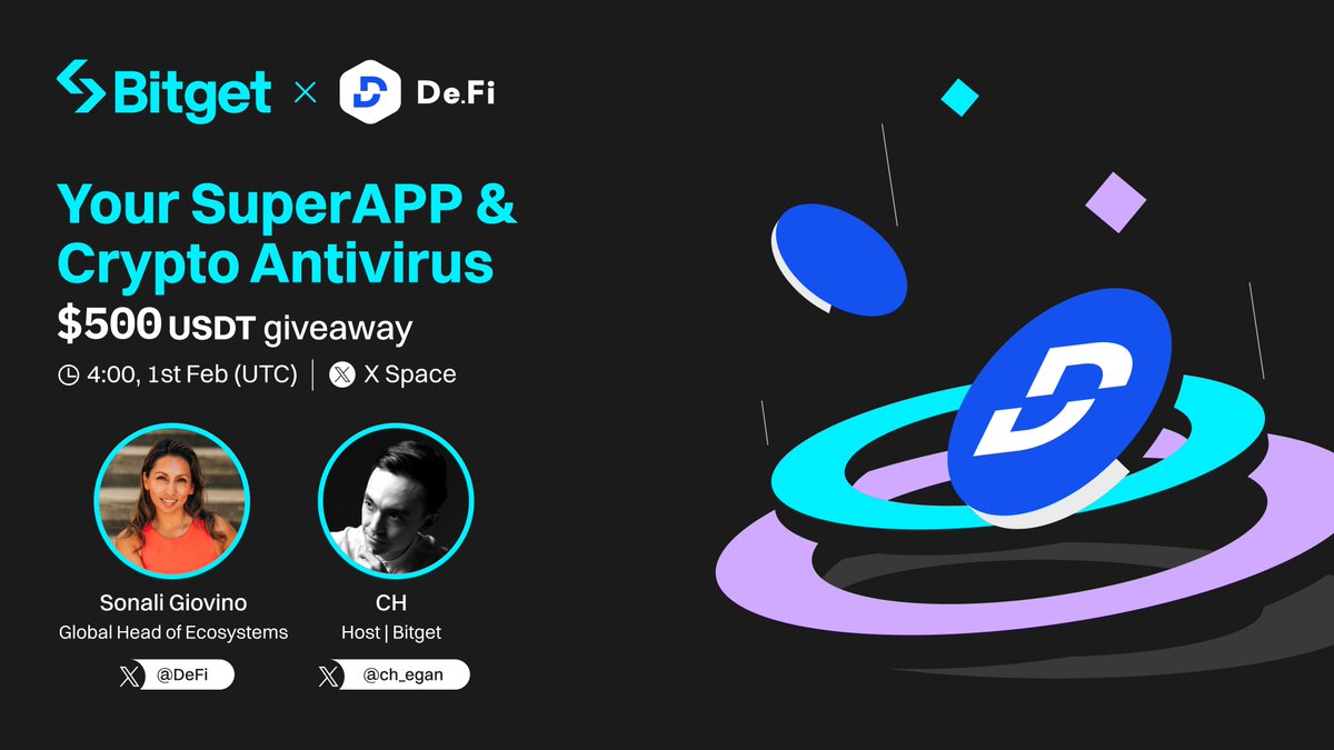 bitget's tweet photo. Dive into the world of #de_fi in our upcoming X Space on Feb 1st, 4:00 AM!

🎁 500 $USDT Giveaway (10 winners) 

✅ Follow @bitgetglobal & @DeFi 
✅ RT, like & tag your friends 
✅ Set a reminder and join the space: https://t.co/y2IwUHOmwZ