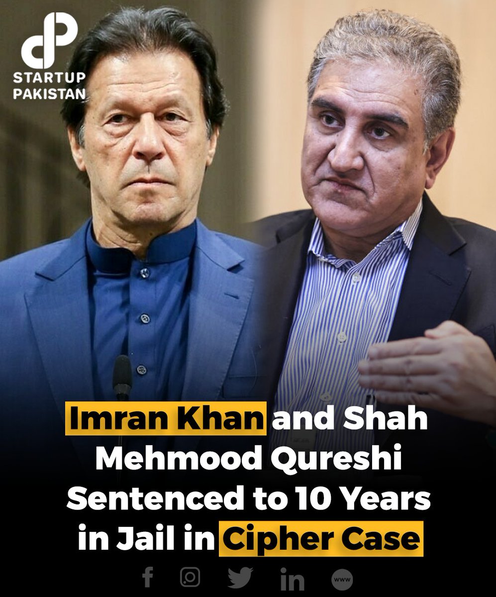 PakStartup's tweet photo. A special court, operating under the Official Secrets Act, has senten_ced former Prime Minister Imran Khan and ex-Foreign Minister Shah Mahmood Qureshi to 10 years in jai_l in the cipher case. 

#leaders #government #Justice #PrimeMinister #Justice https://t.co/177eKIZcCr
