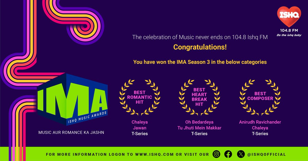 Excited to announce our triple win at IMA Season 3 #IshqMusicAwards! Bagging awards for Best Romantic Hit for #Chaleya, Best Heartbreak Hit for #OBedardeya and Best Composer by the talented #AnirudhRavichander
 Grateful for the love and support! 🏆🎶 #MusicMilestones #IMAWinners…