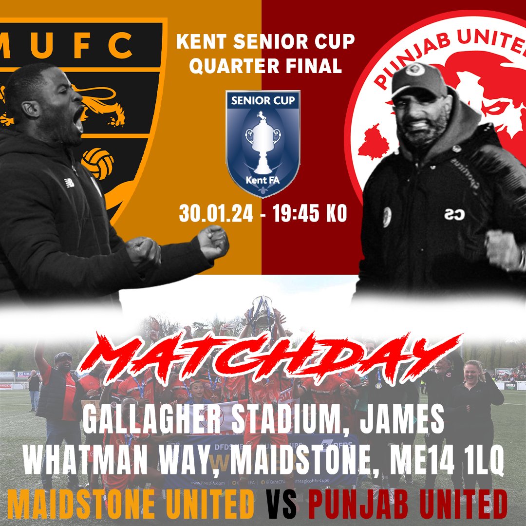 🗣 𝗠𝗔𝗧𝗖𝗛𝗗𝗔𝗬 🔴⚪

Today's the day as the biggest game in our history is on the horizon as we take on Maidstone United in the Kent Senior Cup Quarter-Final! 

So who will be joining us at The Gallagher Stadium 😁

📅 Tuesday 30th January 2024
🆚 <a href="/maidstoneunited/">Maidstone United</a>
🏆 <a href="/KentFA/">Kent FA ⚽</a>