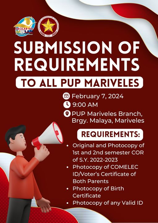1Bataan's tweet image. SUBMISSION OF REQUIREMENTS!
TO ALL PUP MARIVELES ENROLLED LAST SY 2022-2023:
PLEASE SUBMIT THE FOLLOWING REQUIREMENTS ON FEBRUARY 7, 2024 (9AM) AT PUP BATAAN BRANCH BRGY. MALAYA:
Kindly see attached link to know if you are on the list: drive.google.com/.../12Ni4r0zmC…
#1bataan