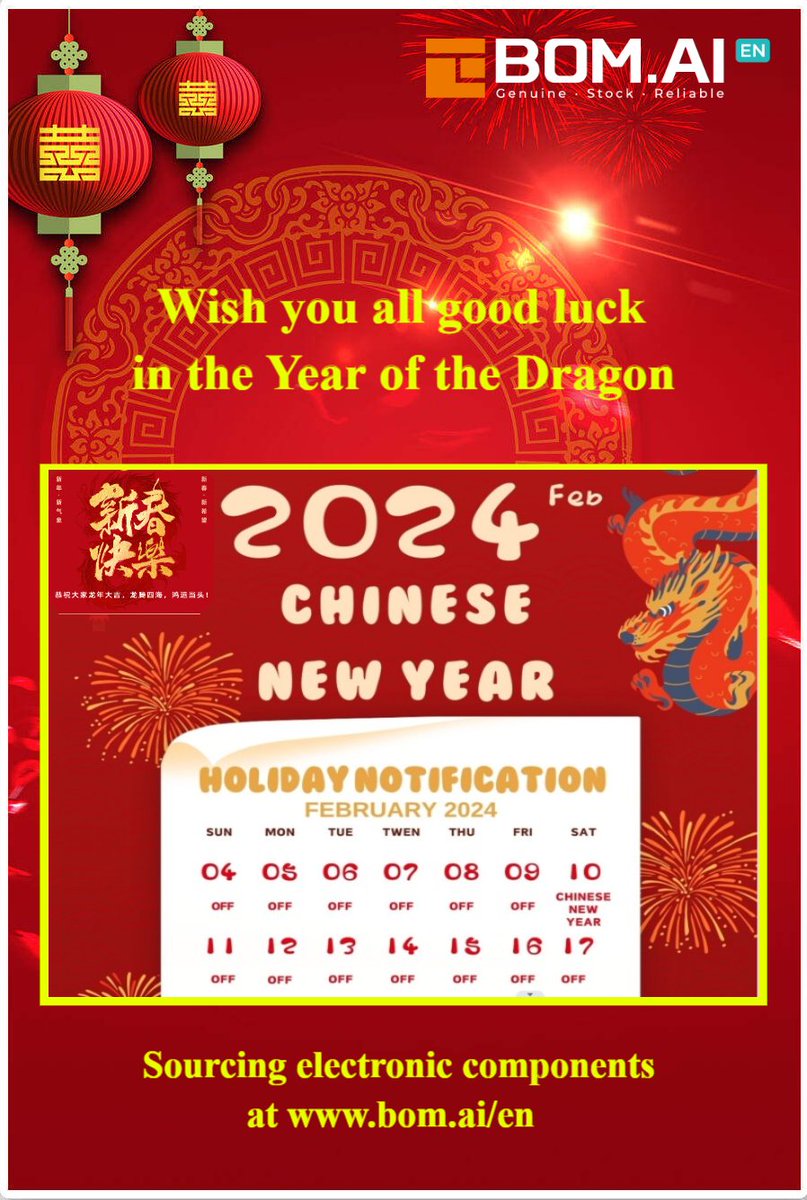 BomAiglobal's tweet photo. 📣📣📣 2024 Spring Festival holiday time: Feb.4 - Feb.17

For customers who want to cooperate with us on the above business, If manual service is required, please arrange a time and contact us in advance, thank you！！

Website: https://t.co/qpnFiaCrzj https://t.co/0G3Bsc9bKd