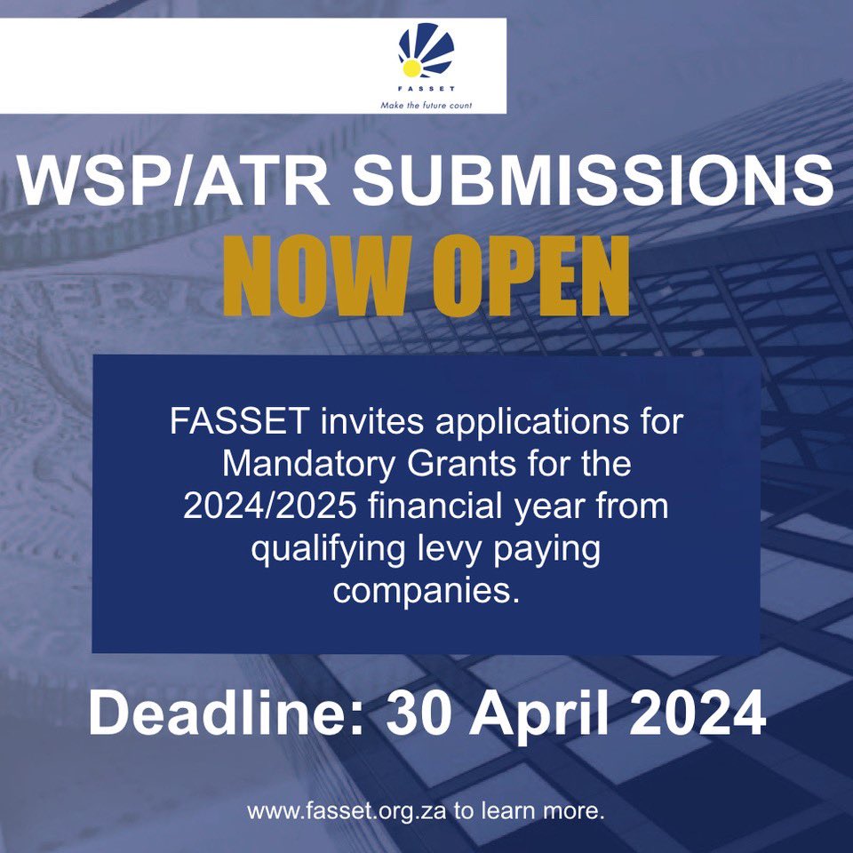 FASSET Mandatory Grants 2024/2025 Applications Now Open : FASSET invites applications from qualifying levy paying companies within the Financial and Accounting Services Sector. The submission must be completed and submitted electronically on the Management Information