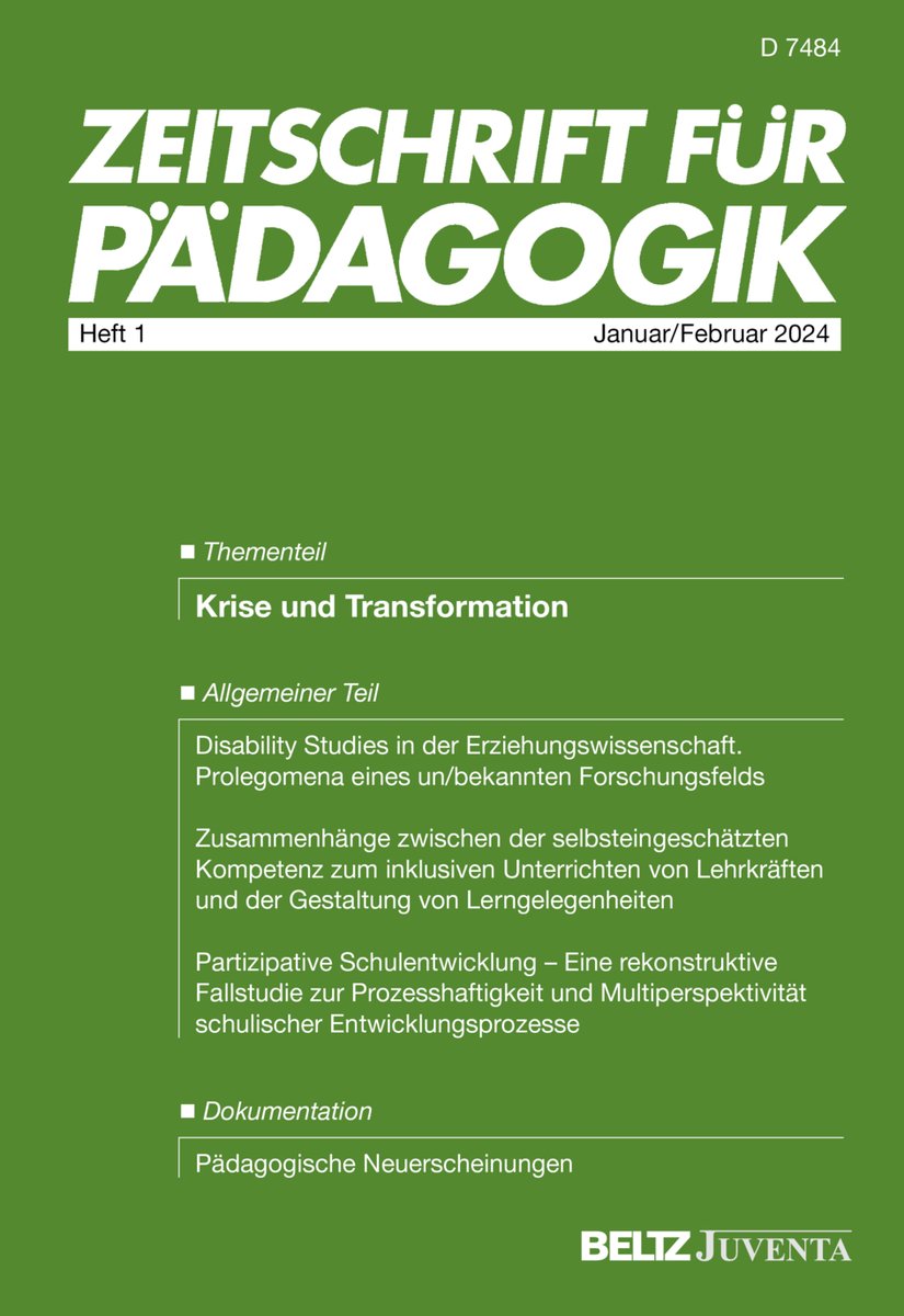 Unser 70. Jahrgang 2024 startet mit dem Kongressheft, das 5 Beiträge zum Thema des diesjährigen DGfE-Kongresses bereithält - außerdem drei Beiträge im Allgemeinen Teil + 3 Besprechungen. Hier entlang: kurzelinks.de/7alg

#DGfE # Erziehungswissenschaft #Krise &amp; Transformation