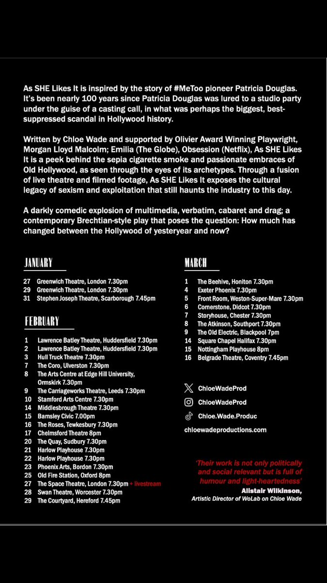 Saw this very funny and deeply disturbing play last night. Great writing and acting from <a href="/yorkshirewade/">Chloe Wade</a> slick direction from @TillyVosburgh with a brilliant cast of five. It’s touring at affordable prices so check out these dates and venues. ♥️ 🎭 #AsSheLikesIt #MeToo
