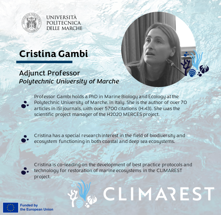 climarest's tweet photo. #FacesOfCLIMAREST - Cristina Gambi
🧠 Professor Gambi from @UnivPoliMarche is co-leading on the development of best practice policies and techniques for marine ecosystem restoration.
#MissionOcean #HorizonEU #climarest #EUMissions https://t.co/WjDcuswcaI