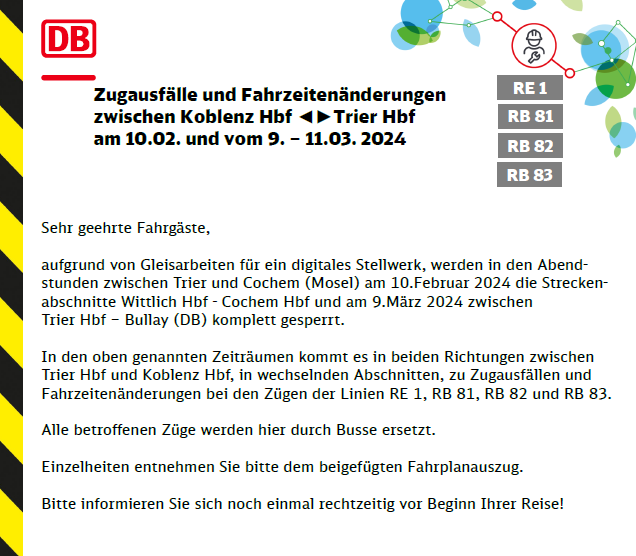 Regio_Mitte's tweet photo. #RE1 #RB81 #RB82 #RB83 #Vorankündigung! Am 10.02.24 finden #Bauarbeiten zwischen #Koblenz Hbf und #Trier Hbf statt. 
Mehr Info unter: ➡️➡️https://t.co/KmFLKvKhA7
#DBRegioMitte https://t.co/JVKubu3Pjp