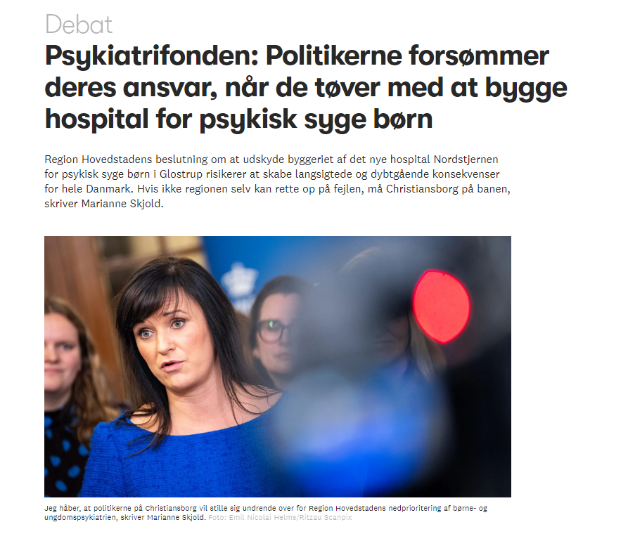 Marianne Skjold (@skjoldmarianne) on Twitter photo Der er brug for et nyt hospital til børn med psykisk sygdom.
Det stod klart for alle i 2021. Men <a href="/RegionH/">Region Hovedstaden</a> udskyder nu byggeriet af 'Nordstjernen' på ubestemt tid. Dybt bekymrende nedprioritering på et kritisk tidspunkt. #dkpol #sundpol
altinget.dk/sundhed/artike… Der er brug for et nyt hospital til børn med psykisk sygdom.
Det stod klart for alle i 2021. Men <a href="/RegionH/">Region Hovedstaden</a> udskyder nu byggeriet af 'Nordstjernen' på ubestemt tid. Dybt bekymrende nedprioritering på et kritisk tidspunkt. #dkpol #sundpol
altinget.dk/sundhed/artike…