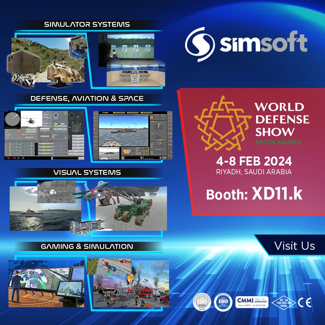 We will be at the World Defense Show with our innovative products and solutions. We are waiting for you, our esteemed guests, to our stand.

📍Riyadh, Saudi Arabia
🗓️ 4-8 FEB 2024
Booth: XD11.k

#Simsoft #Simulator #Defense #Military #Software #Simulation #DefenseTechnology