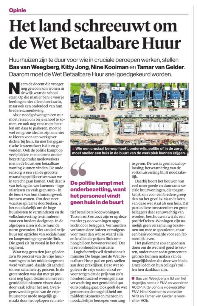 Duidelijke oproep in het AD van o.a <a href="/FNV/">FNV</a> <a href="/NPBactueel/">Nederlandse Politiebond (NPB)</a> en <a href="/AObtweets/">AOb</a>!

De huren gaan door het dak, een betaalbaar huis is niet te vinden, starters worden tot wanhoop gedreven. Tijd om huurders wettelijk te beschermen tegen te hoge huurprijzen!