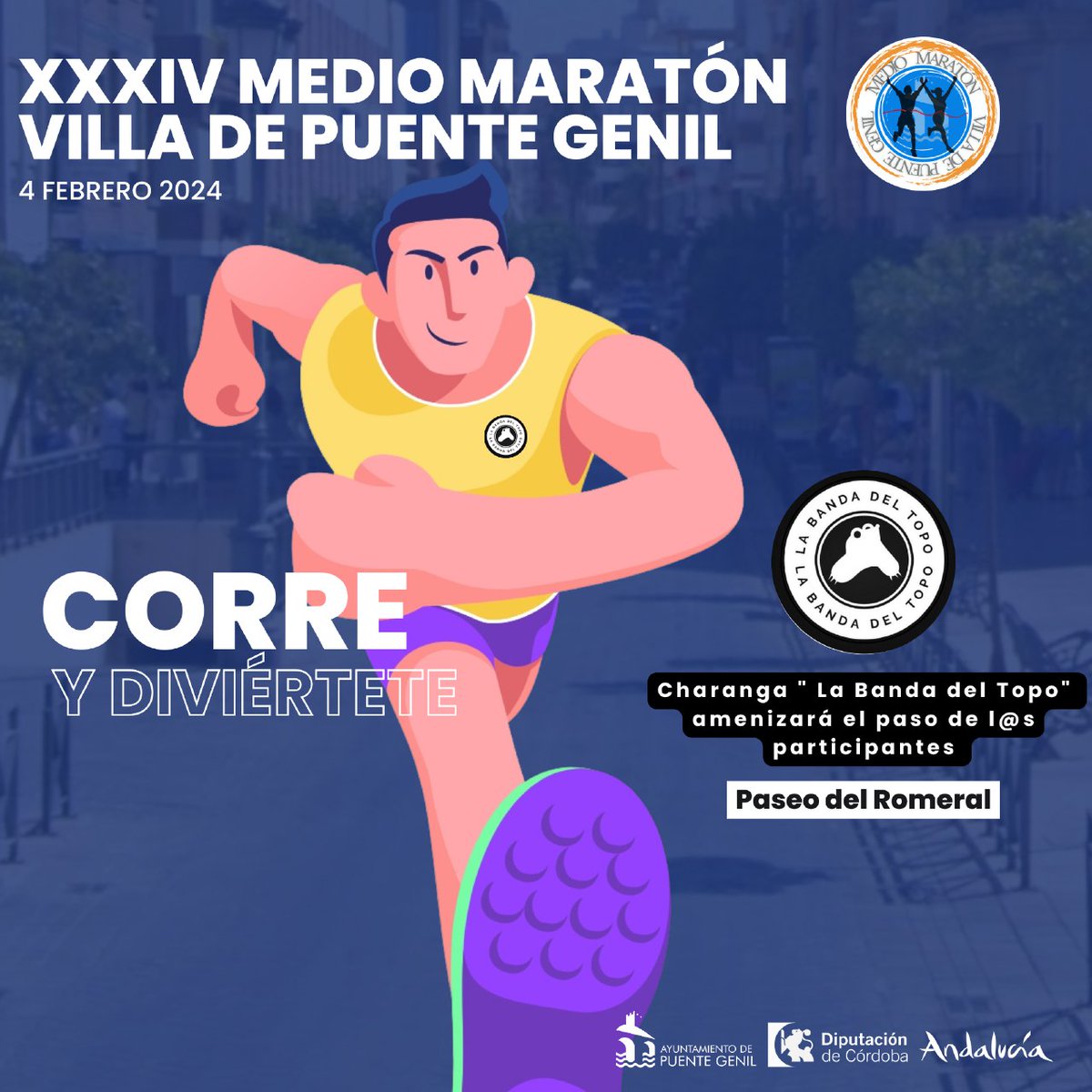 ¡Únete al ritmo en el medio maratón! 🏃‍♂️🎶  
Este año, presentamos como novedad la presencia de <a href="/bandadeltopo/">La Banda del Topo</a>, que animará el paso de l@s participantes por el Paseo del Romeral. 
Corre al compás de la música y déjate llevar por la energía. ¡No te lo pierdas! 🎵 
#YoCorroLaMedia