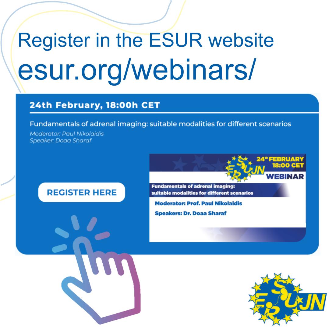 We have great pleasure in announcing the first ESUR JN webinar of this year: "Fundamentals of adrenal imaging: suitable modalities for different scenarios". We will be giving you more insights but first click in the link below to register. us06web.zoom.us/webinar/regist…
