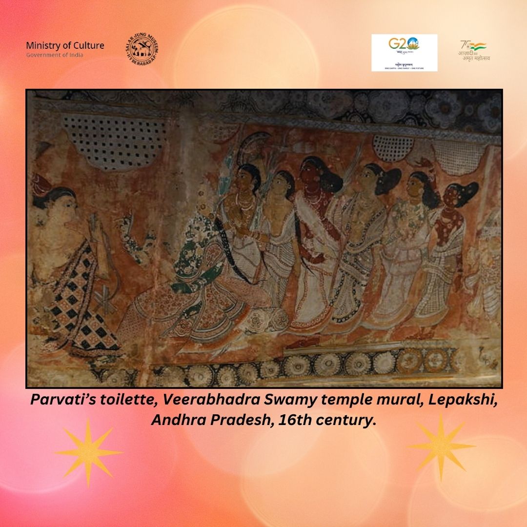 A mural 'Parvati's toilette'; as she dresses up for her wedding to Lord Shiva, from Vijayanagara dynasty Veerabhadra temple at Lepakshi, Andhra Pradesh. One can see the women in beautiful sarees in this 16th century wonder! 
#anantasutra #bharatkinariinsari #Lepakshitemple 
1/2