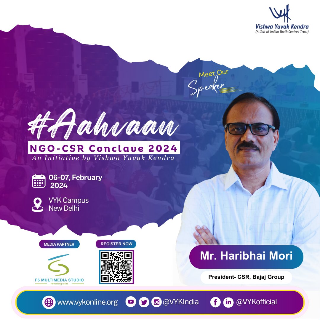 VYKIndia's tweet photo. We welcome Mr. Haribhai Mori, President-CSR, @thebajajgroup, as our distinguished speaker for #Aahvaan: #NGO-#CSR #Conclave2024.
Please note: Only confirmed participants will be able to participate.
@FoundationBajaj
#SocialImpactSummit #CSRLeadersForum #SocEntSummit https://t.co/NjKzPIOlWQ