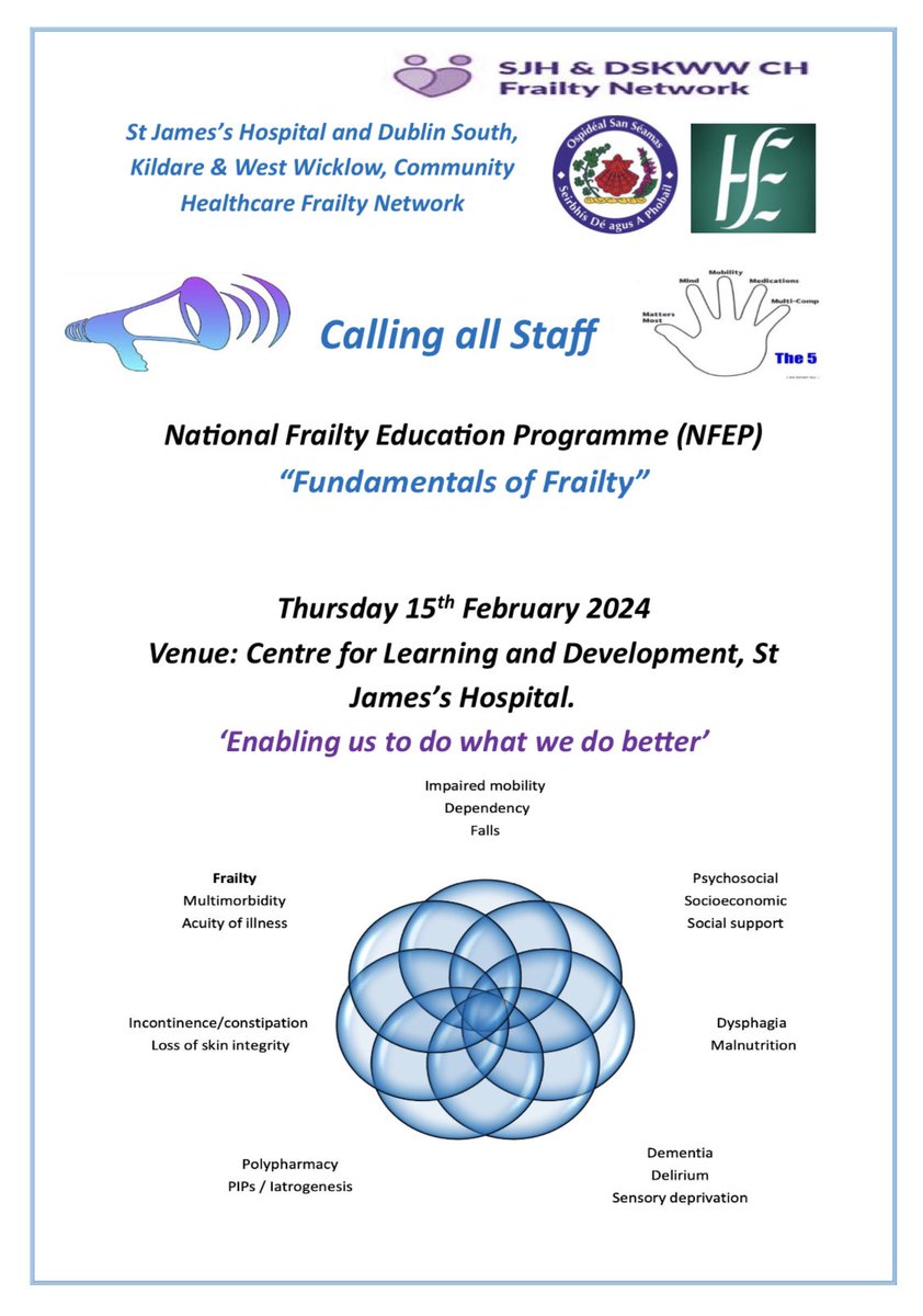 @stjamesdublin will host the next National Frailty Education Programme #NFEP 💜 on behalf of the SJH&DSKWW CH #Frailty Network. All health care staff welcome‼️ We are #StrongerTogether SJH staff book via LearnPath All other staff book via 📧SPrabhukeluskar@stjames.ie