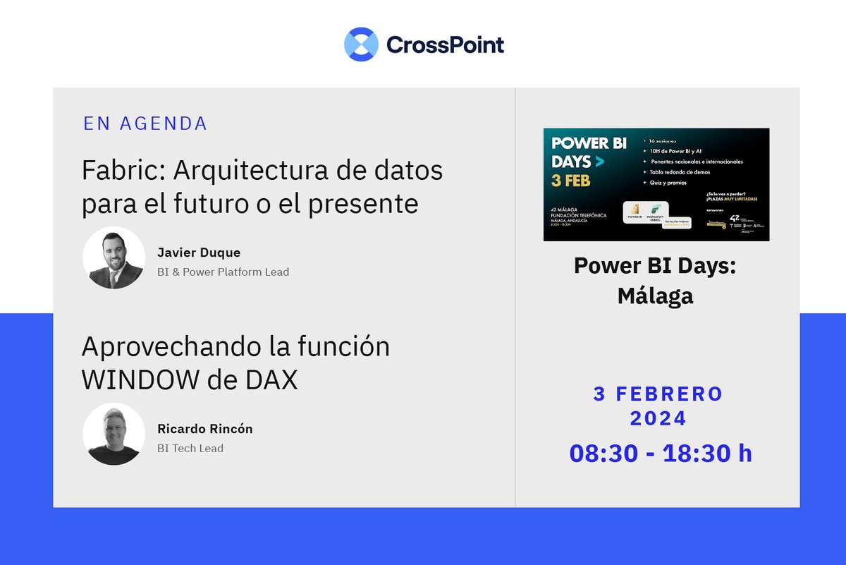 CrossPoint_365's tweet photo. ¡¡Cuenta atrás para el #PowerBIDays Málaga de este sábado!! De entre todos los ponentes de altísimo nivel, no podemos dejar de recomendaros las charlas de nuestros compañeros @nexus150 y @_javierduque. ¡¡Vamos!! 🙌
¡No os las perdáis! ➡️ https://t.co/IcHb3zYXpA
Y además... 👇 https://t.co/NowEHMfR9G