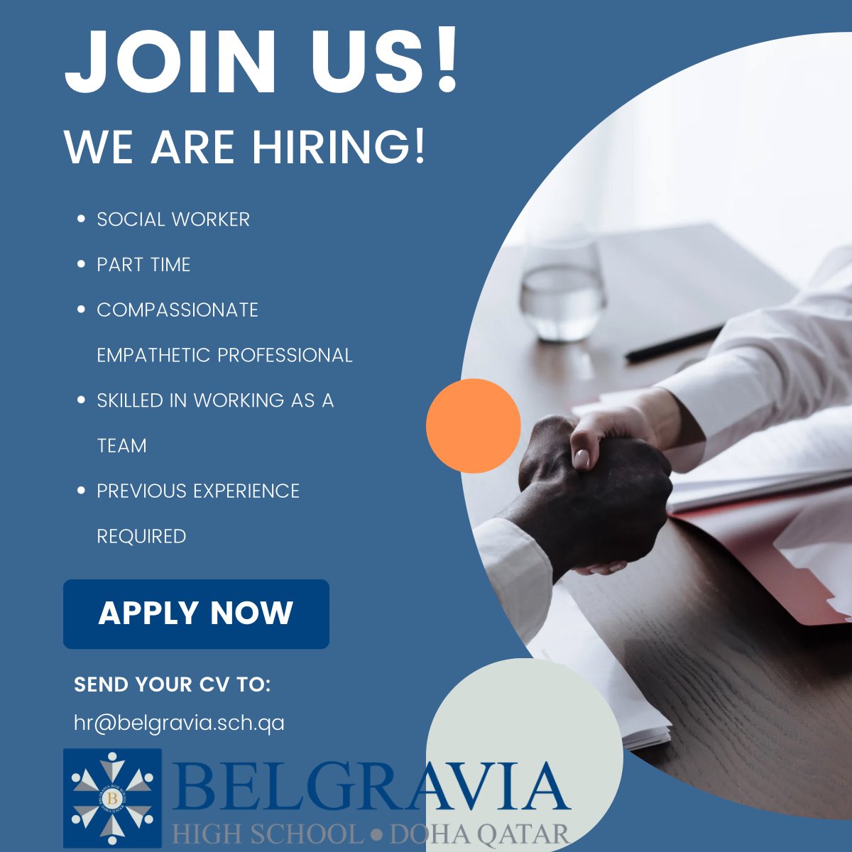 Join us! We are hiring! We are looking for a social worker with experience to join us part time. If this sounds like you send us your CV to hr@belgravia.such.qa