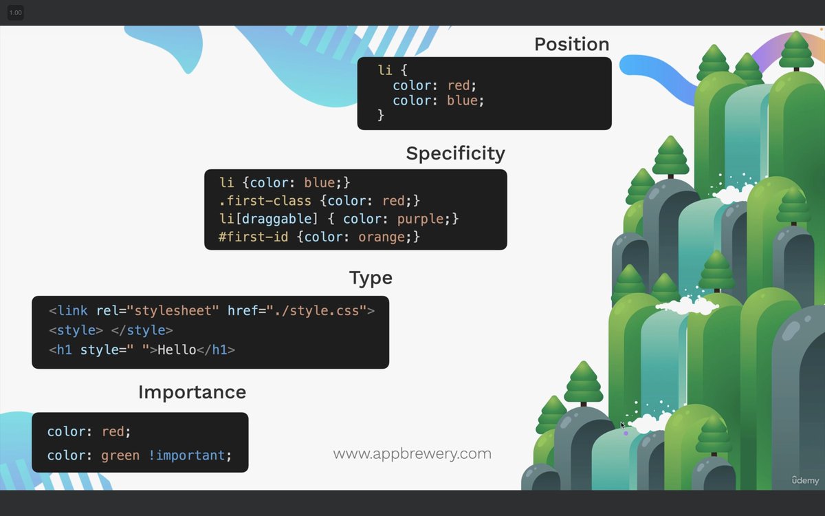 BitDeveloper01's tweet image. 🚀 Day 8 in Web Dev! 💻✨
Explored CSS cascade with @yu_angela:
4️⃣ Position - Lower lines priority.
3️⃣ Specificity - HTML &lt; Class &lt; ID &lt; Attribute.
2️⃣ Type - External &lt; Internal &lt; Inline.
1️⃣  Important - Top priority.
Mastering the styling hierarchy!  #WebDevJourney #CSSCascade