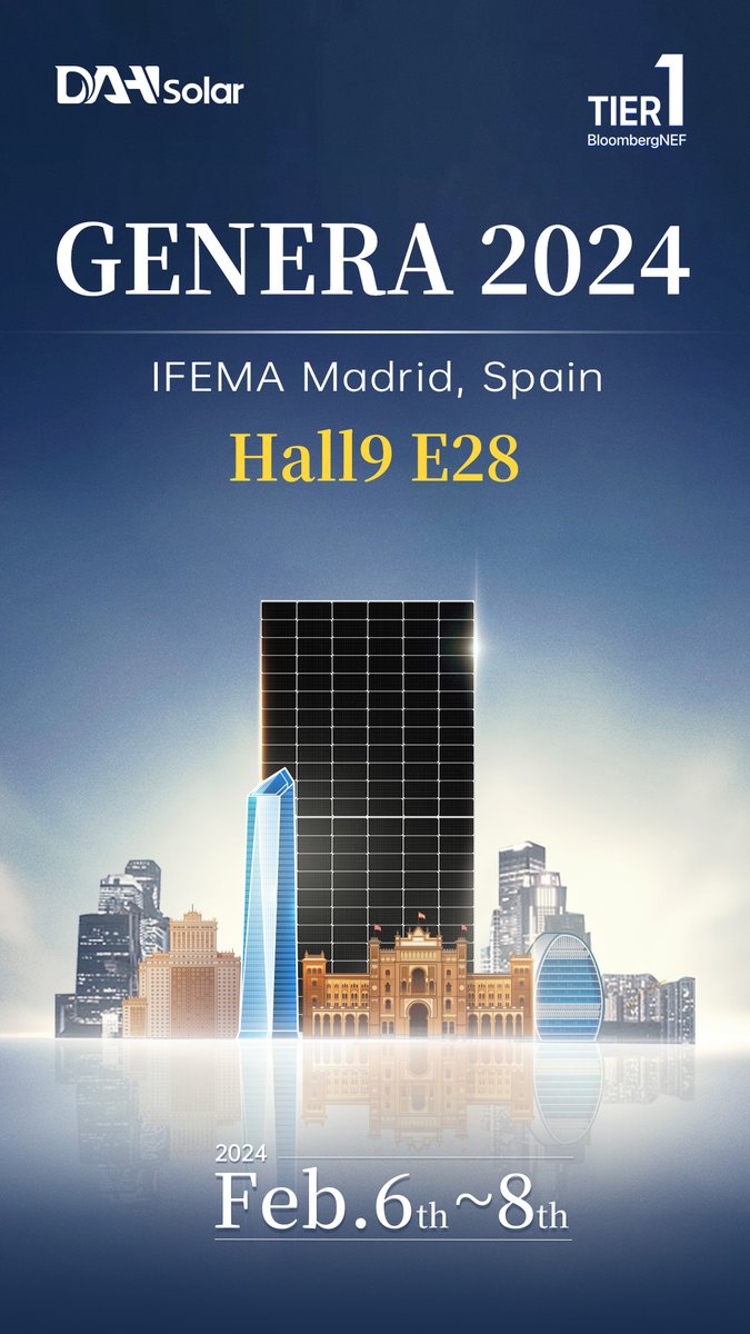 #Globalexhibition Join us at the 2024 #GENERA Exhibition in Madrid! DAH Solar invites you to experience our cutting-edge PV products at booth E28 Hall9 from February 6th to 8th. Come to share one beverage with us! 🖖
#Genera2024 #energyexhibition #sunpower #solarpanel