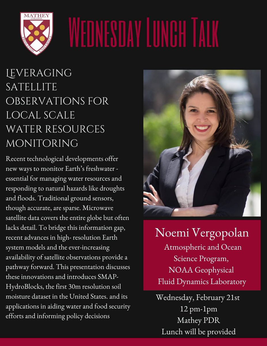 Noemi Vergopolan (@nvergopolan) on Twitter photo Hey <a href="/Princeton/">Princeton University</a>!
I'm looking forward to sharing insights on using satellite data and physical models for water resource monitoring at Mathey College on Feb 21st. Hoping to see faces both familiar and new there! <a href="/PrincetonCIMES/">Cooperative Inst. for Modeling the Earth System</a> <a href="/EPrinceton/">Princeton Engineering</a> <a href="/GeosciencesPU/">Geosciences Princeton University</a> <a href="/PrincetonEnviro/">High Meadows Environmental Institute</a> Hey <a href="/Princeton/">Princeton University</a>!
I'm looking forward to sharing insights on using satellite data and physical models for water resource monitoring at Mathey College on Feb 21st. Hoping to see faces both familiar and new there! <a href="/PrincetonCIMES/">Cooperative Inst. for Modeling the Earth System</a> <a href="/EPrinceton/">Princeton Engineering</a> <a href="/GeosciencesPU/">Geosciences Princeton University</a> <a href="/PrincetonEnviro/">High Meadows Environmental Institute</a>