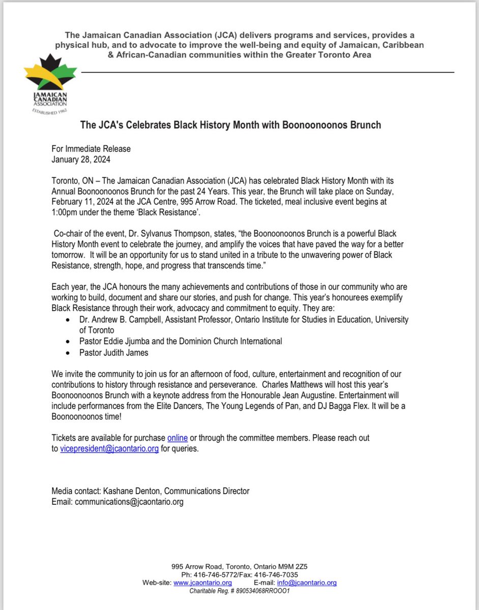 During our <a href="/jcaontario/">Jamaican Canadian Association</a> Annual Boonoonoonos Brunch we will be celebrating our own 🙌🏾 @DRABC14  Pastor Eddie Jjumba and Pastor Judith James <a href="/JudithMeikle/">Judith James</a> Get your tickets now! Check the link in the bio or email us at vicepresident@jcaontario.org #bhm