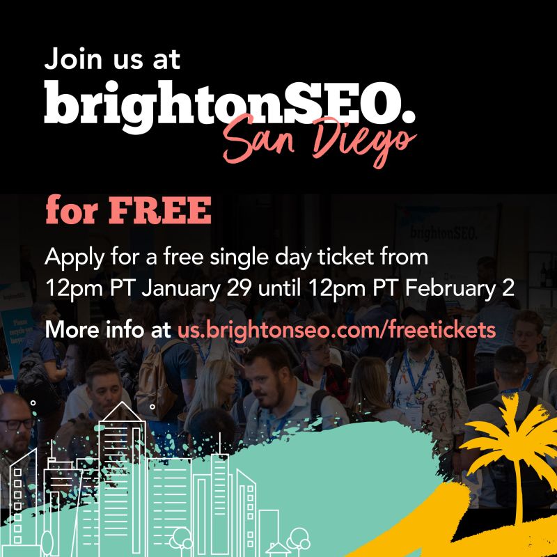 #BrightonSEO has opened up the free single day tickets for San Diego in November. Get your name in before 12pm PT on Feb 2 for a chance for a free ticket! us.brightonseo.com/freetickets Last year's was awesome and I'm sure 2024's will be even better!