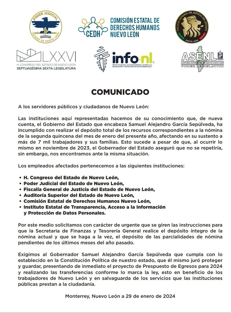 JudithMedrano's tweet photo. Incumple (otra vez) el gobernador de @nuevoleon @samuel_garcias pago a trabajadores correspondiente a la nómina de la 2da.  quincena de enero 
Son 7 mil trabajadores  los afectados de @FiscaliaNL @CEDHNL @INFONLMX @poderjudicialnl @CongresoNL #ASENL https://t.co/YaaRHO7Qv0