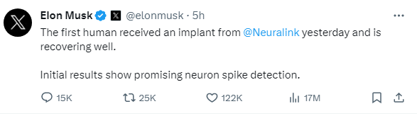 dmbasarblog's tweet photo. Elon Musk latest tweet about first human received an implant from neuralink yesterday and is recovering well.
#elonmsk #usa #Newsnight https://t.co/NA6vOp7A14