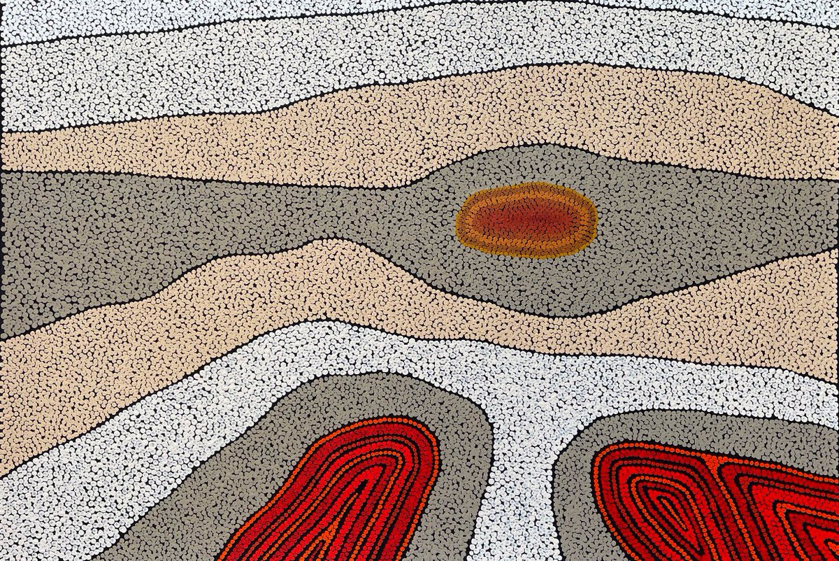 ‘Dry Riverbed’ by Kurun Warun, 121x91 cm, Jap 022023 from our next exhibition at Japingka: ‘How we Paint- Eight Artists’ – available online japingkaaboriginalart.com/collections/ho… #contemporaryart #aboriginalart #indigenous