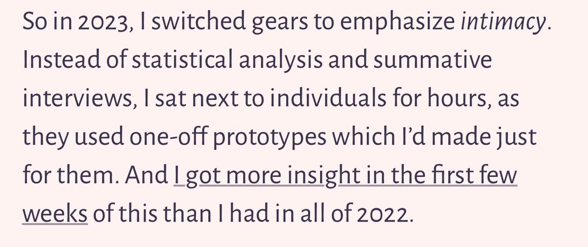 zooko's tweet photo. This resonates, too! You can learn a lot from surveys and interviews, but you get a lot of *different* and product-specific insights by sitting quietly and watching someone try to use your prototype, or a competing product.

https://t.co/fQWisWaU0N

⤵️ https://t.co/toQ7XG1DJa