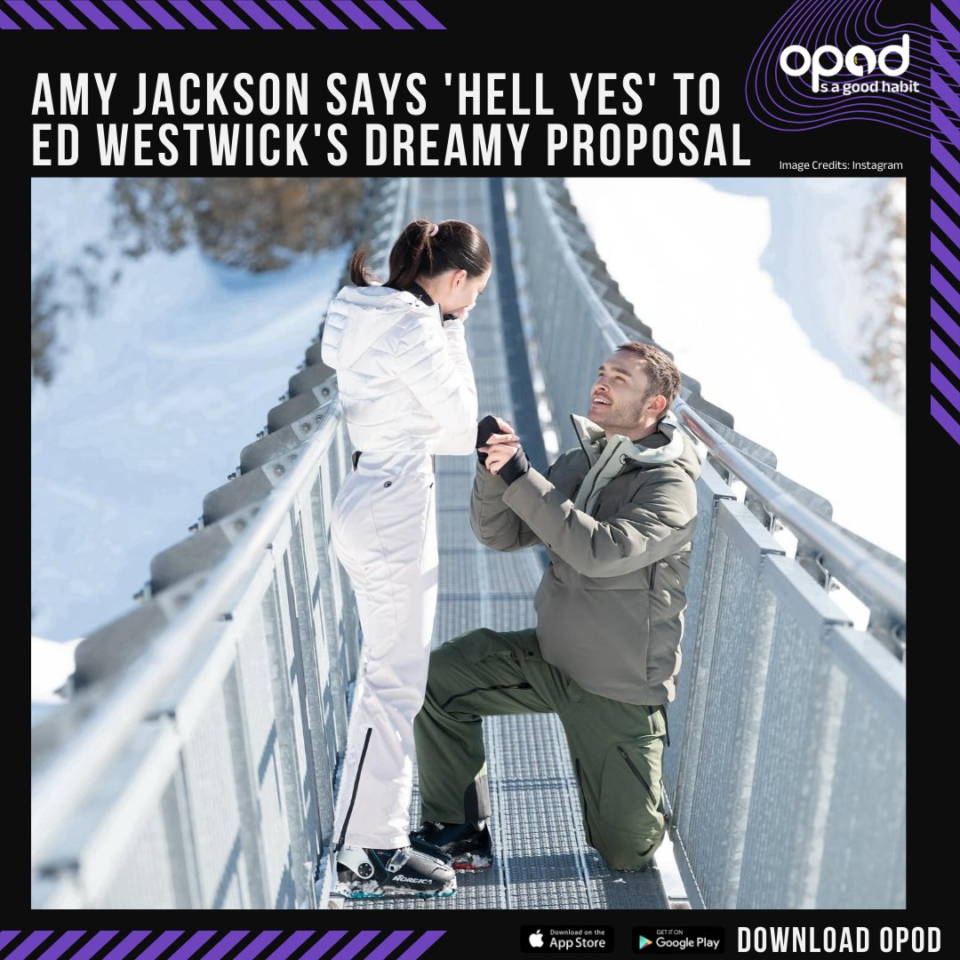 AudioOpod's tweet photo. In a fairy tale moment amidst the breathtaking #SwissAlps, love blossomed as actor #AmyJackson said "Hell YES" to beau #EdWestwick's romantic proposal in Gstaad, #Switzerland.

Image credits: Instagram

#opodsunakya #opodisagoodhabit https://t.co/nR3mrgpf9T