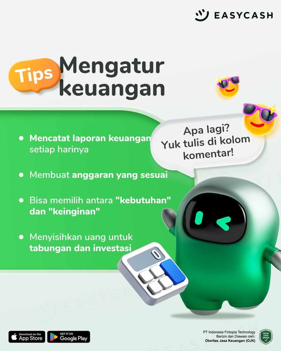 easycashid's tweet photo. Sebuah tips untuk Easyfrens dalam mengatur keuangan💚
Yuk saling berbagi tips yang bermanfaat~
Komen di kolom komentar Tips lain ala Easyfrens untuk mengatur keuangan✨
#Easycash #PendanaanSehat #LebihAmanDenganEasycash #6TahunBersamaEasycash #SolusiEasyKamu #Easystuff https://t.co/aMMAPANWI8
