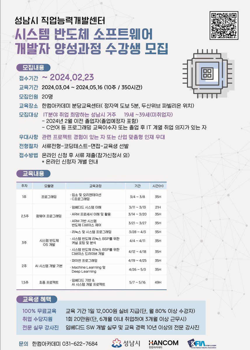 <성남시 직업능력개발센터> 
시스템반도체 소프트웨어 개발자 양성과정 수강생 모집
 4차산업혁명 선도도시 성남시에서는  최근 국가 전략산업으로 육성하고 있는 시스템반도체 소프트웨어 개발자 과정에 참여할 수강생을 모집합니다.  

자세한 내용은 첨부하는 파일을 참조하시기 바랍니다.