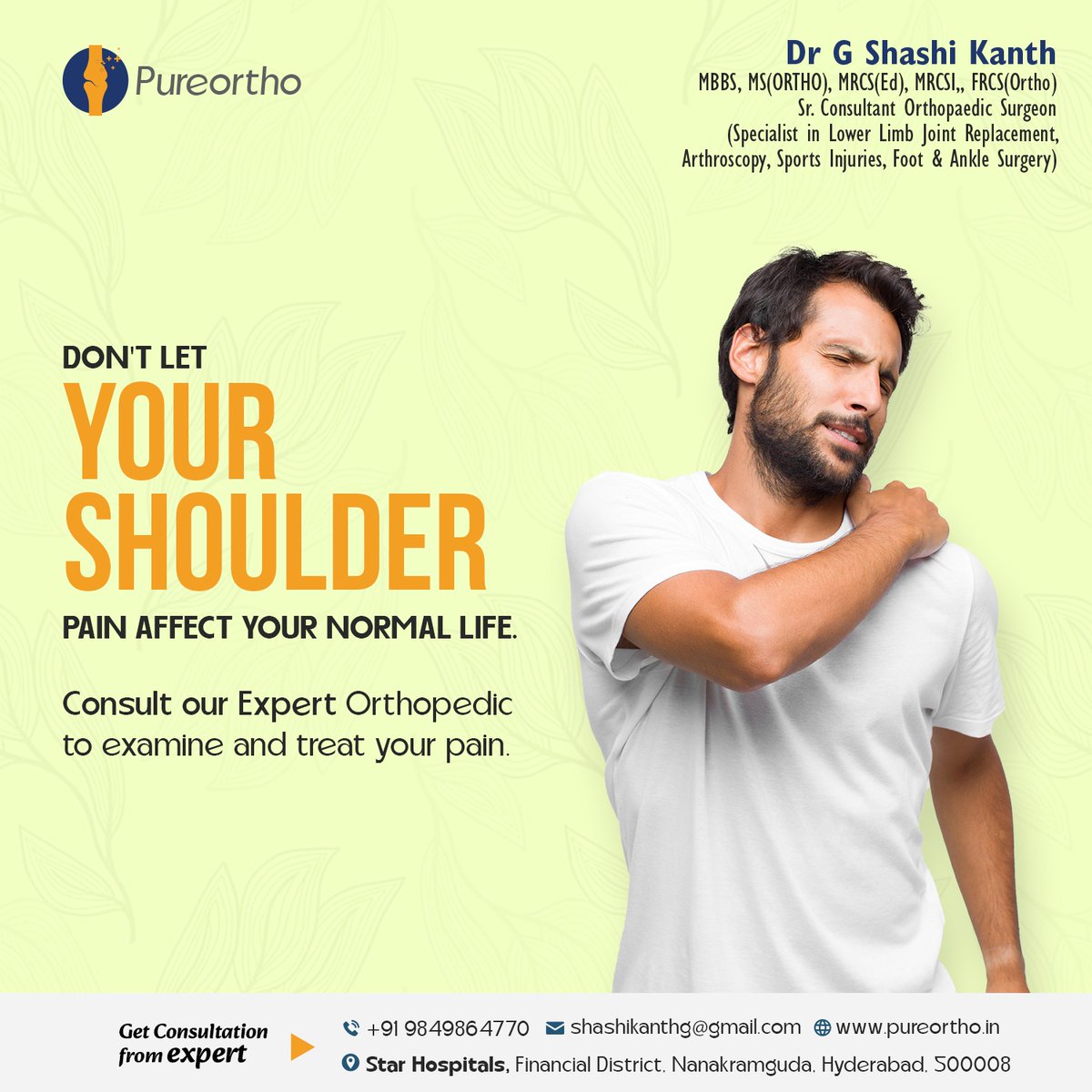 Life's too short to let shoulder pain hold you back! 🚀 Our Expert Orthopedic is here to diagnose and treat, so you can get back to doing what you love pain-free. 💪

#pureortho #pureorthocentre #drgshashikanth #ShoulderRelief #NoMoreShoulderPain
#ShoulderCare #ShoulderFreedom