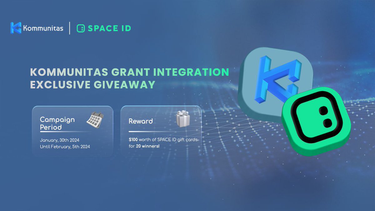 kommunitasnet's tweet photo. 🚀 Big News! We're thrilled to announce Kommunitas qualification for the @SpaceIDProtocol Grant Program,multi-chain name service bringing together domains like .eth, .bnb, and .arb under one roof! 🌐

In celebration of this significant milestone in our journey, we are excited to partner with @SID_bnb and @SID_arb for an exclusive giveaway event! 
Prepare for the opportunity to win a $100 worth of SPACE ID gift cards for 20 winners! 🎁

Let’s celebrate with a campaign powered by @Galxe!

➡️ Participate now:
https://t.co/H7ALmZDATu
 
Campaign Period : January, 30th 2024 - February, 5th 2024