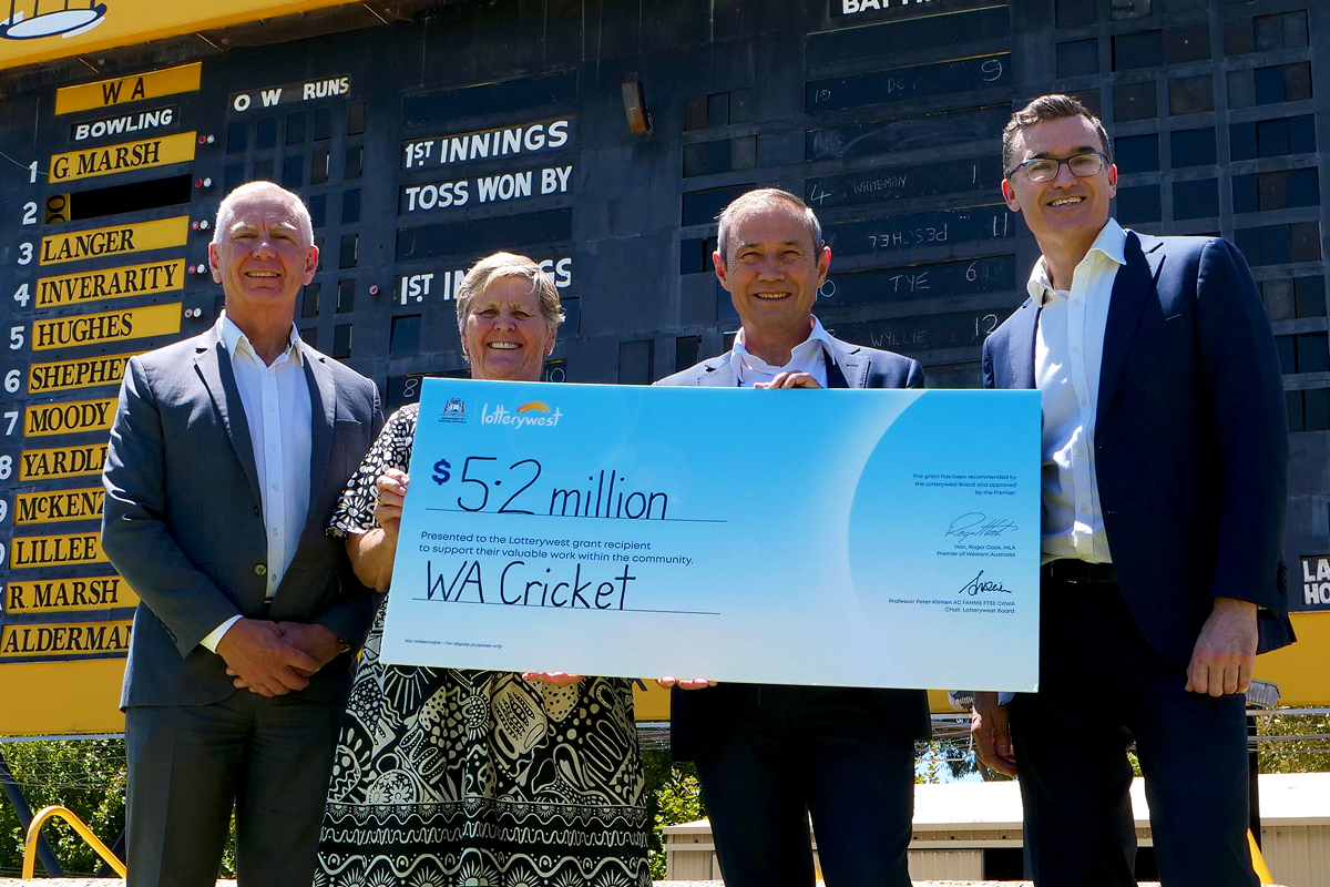 WACA_Cricket's tweet photo. Wonderful to welcome WA Premier Roger Cook MLA, John Carey MLA and Lotterywest Acting CEO Jeremy Hubble to the WACA Ground as we take another big step in our #WGIP journey π #PerthCityDeal #BuildingOurTomorrow https://t.co/Z4JeodlPxK
