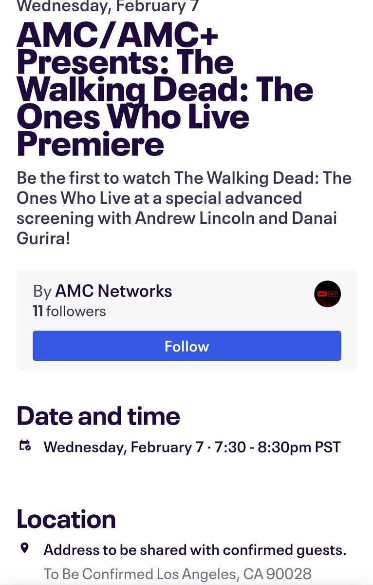 TOWL_AMC's tweet photo. Red carpet premiere for #TheOnesWhoLive will be held next week in LA on February 7!
Andy, Danai, and their supporting cast will be in attendance. 
#Richonne 
#AndrewLincoln 
#DanaiGurira 
#TWD https://t.co/1qOAlidGZK