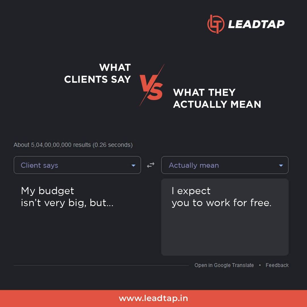 leadtapindia's tweet photo. What Clients Say vs. What They Actually Mean-
#meme #memecontent #digitalmarketing #digitalmarketingagency #digitalmarketingexpert #leadtap https://t.co/cJCWrG3bZi